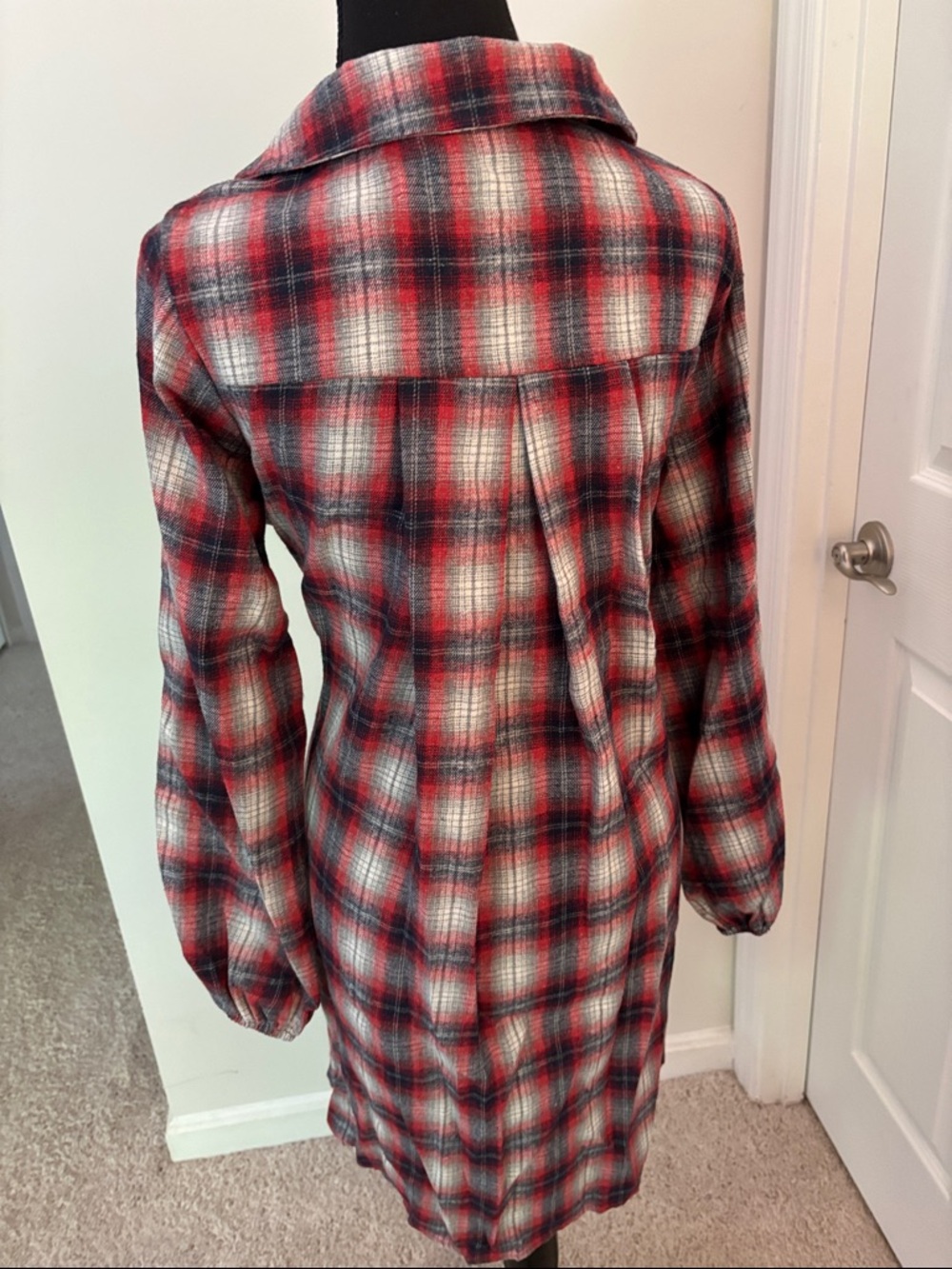 Plaid Button-Front Shirt Dress with Waist Tie - Red/Black/White - Picture 4 of 4
